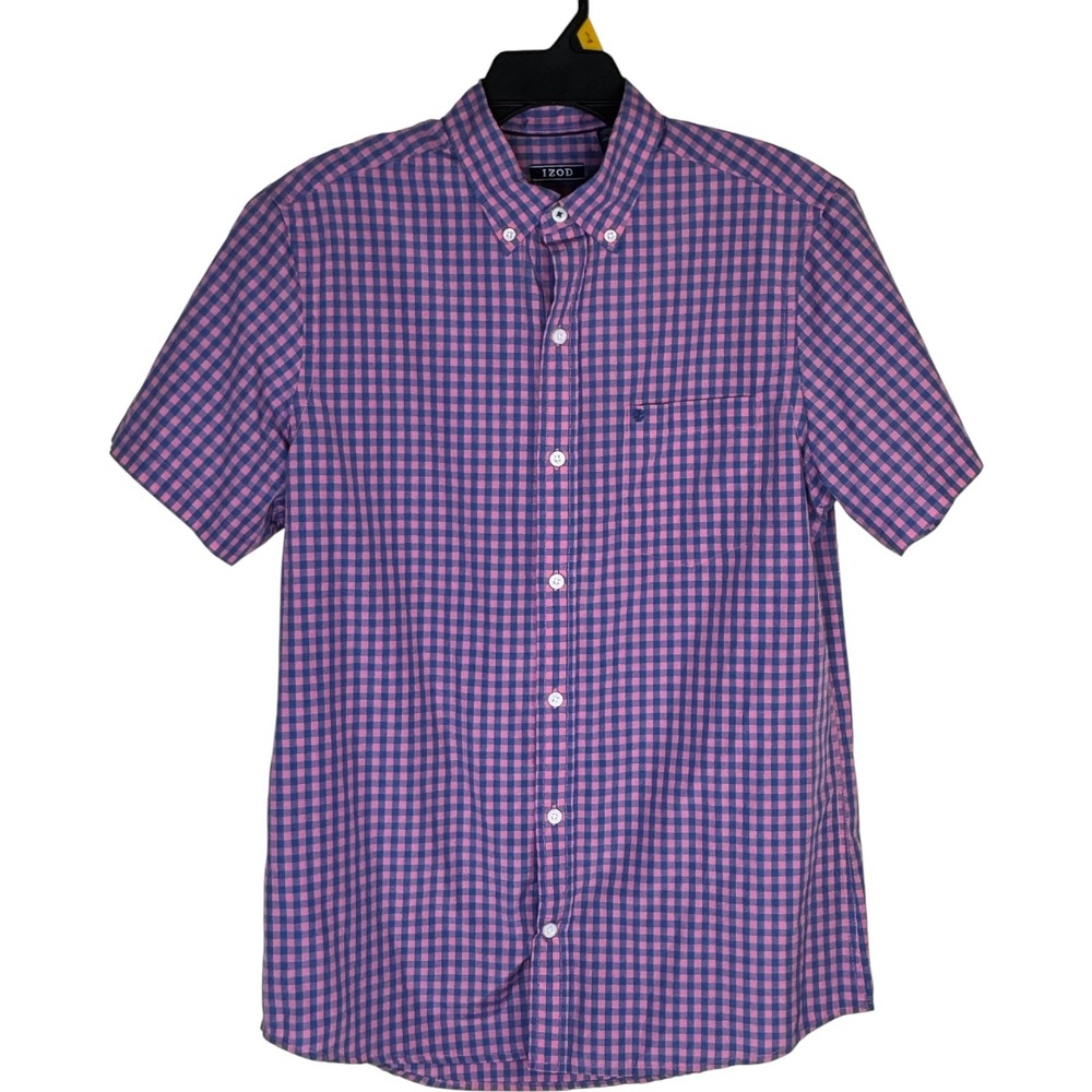 IZOD Mens Short Sleeve Gingham Button Down Shirt Pink Blue Plaid‎ Size M